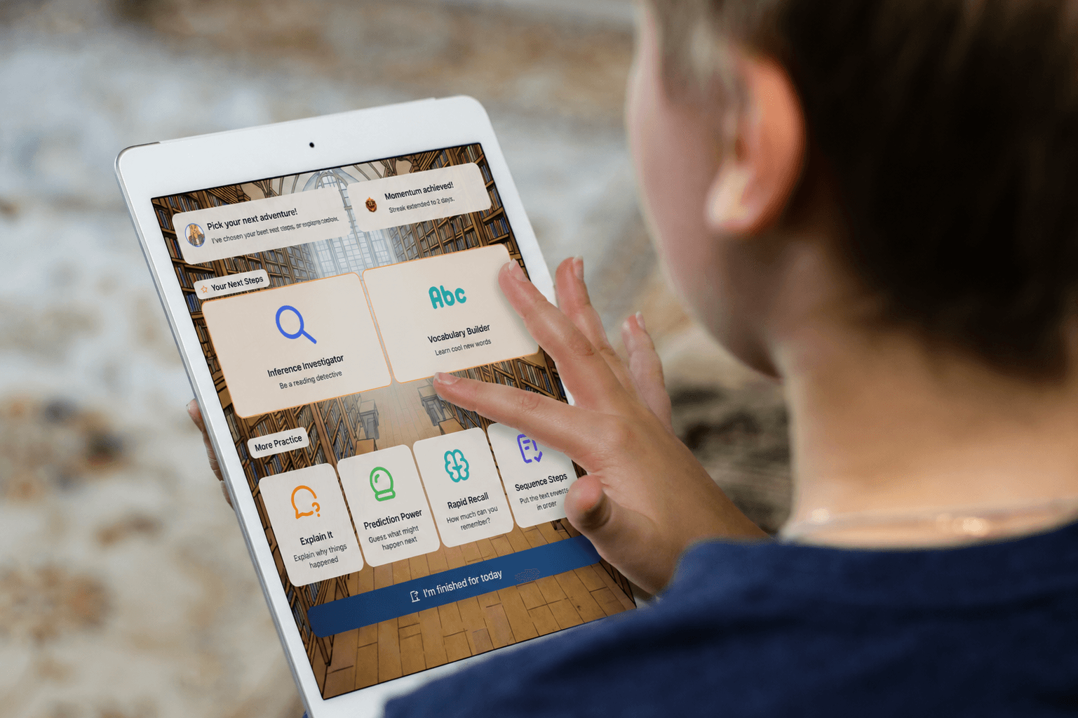 Older learner using ReadingBridge reading activities on a tablet