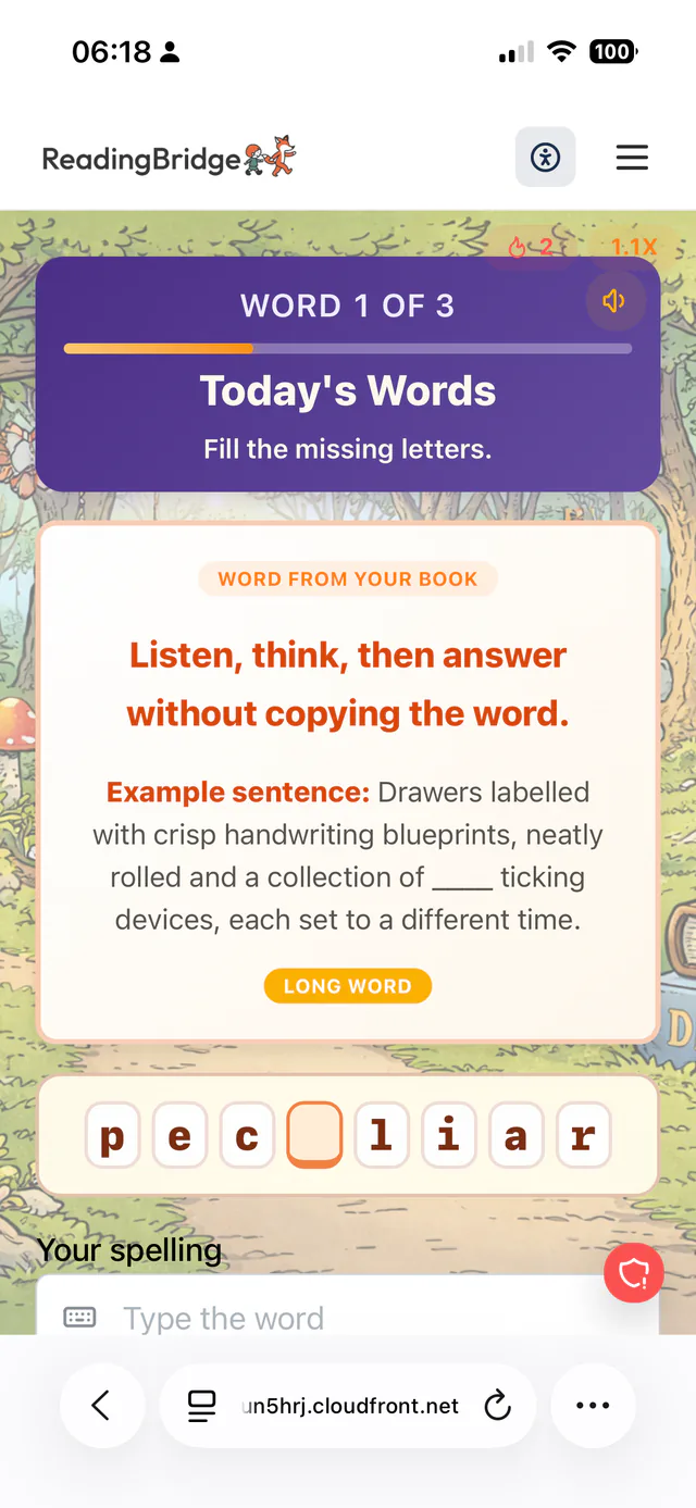 Spelling challenge screen