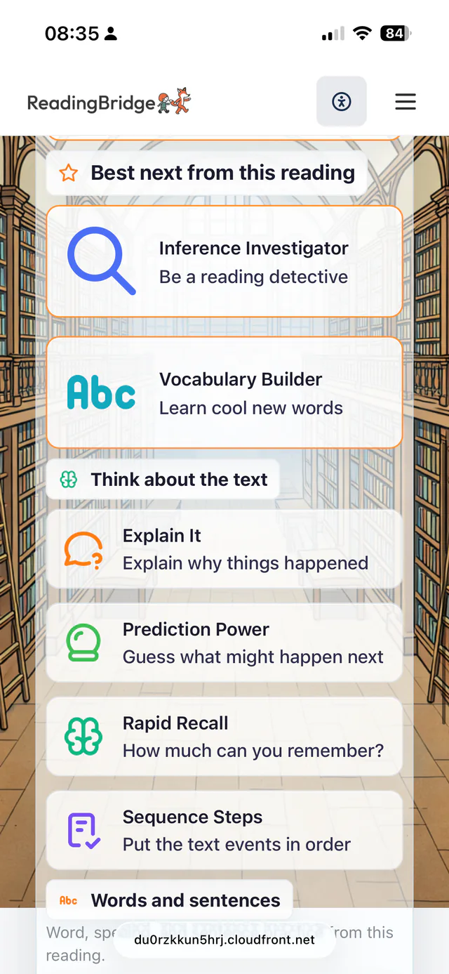 Comprehension activity menu