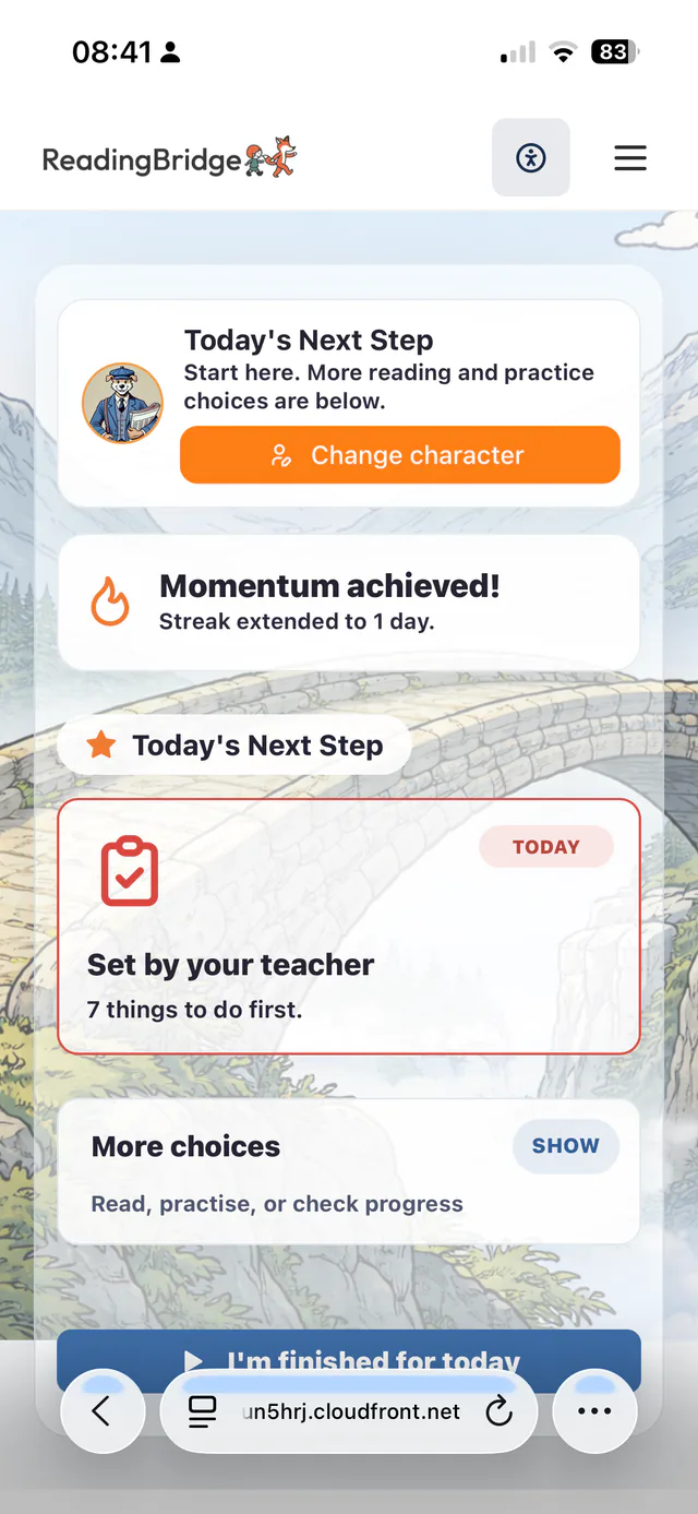 The child home screen showing today's next step